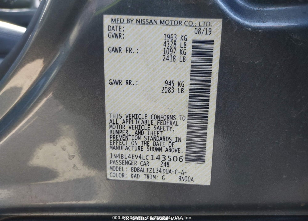 2020 NISSAN ALTIMA VIN: 1N4BL4EV4LC143506