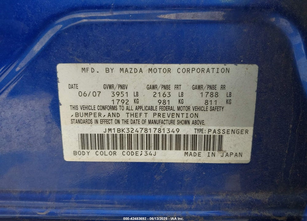 2008 SPORT MAZDA MAZDA3 S VIN: JM1BK324781781349