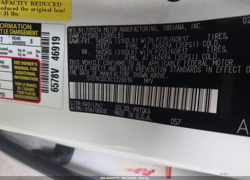 2012 TOYOTA SIENNA XLE V6 8 PASSENGER VIN: 5TDYK3DC6CS228816
