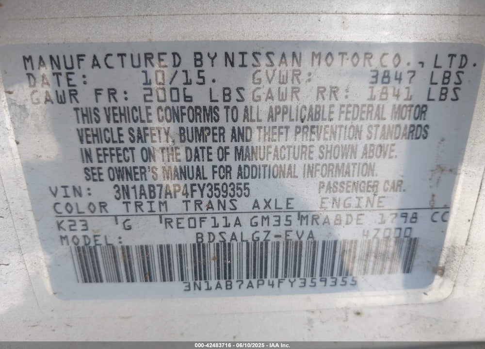 2015 NISSAN SENTRA VIN: 3N1AB7AP4FY359355