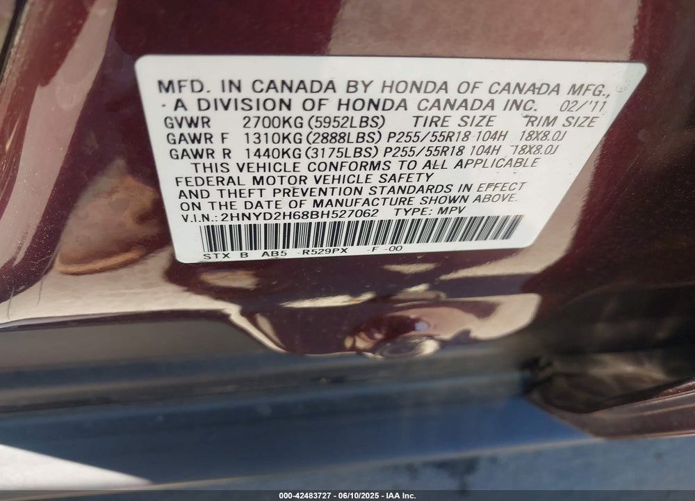 2011 ACURA MDX TECHNOLOGY PACKAGE VIN: 2HNYD2H68BH527062
