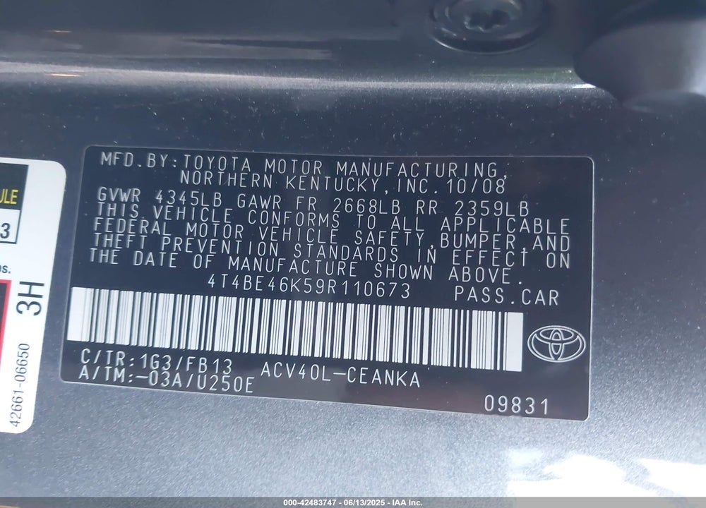 2009 TOYOTA CAMRY LE VIN: 4T4BE46K59R110673