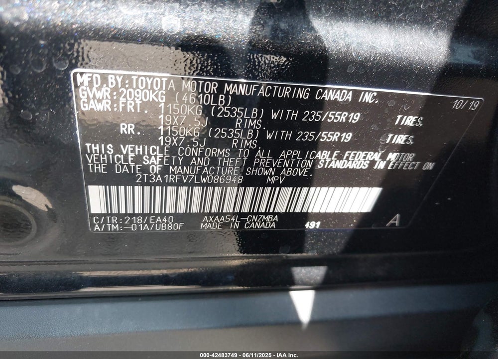 2020 TOYOTA RAV4 XLE PREMIUM VIN: 2T3A1RFV7LW086948