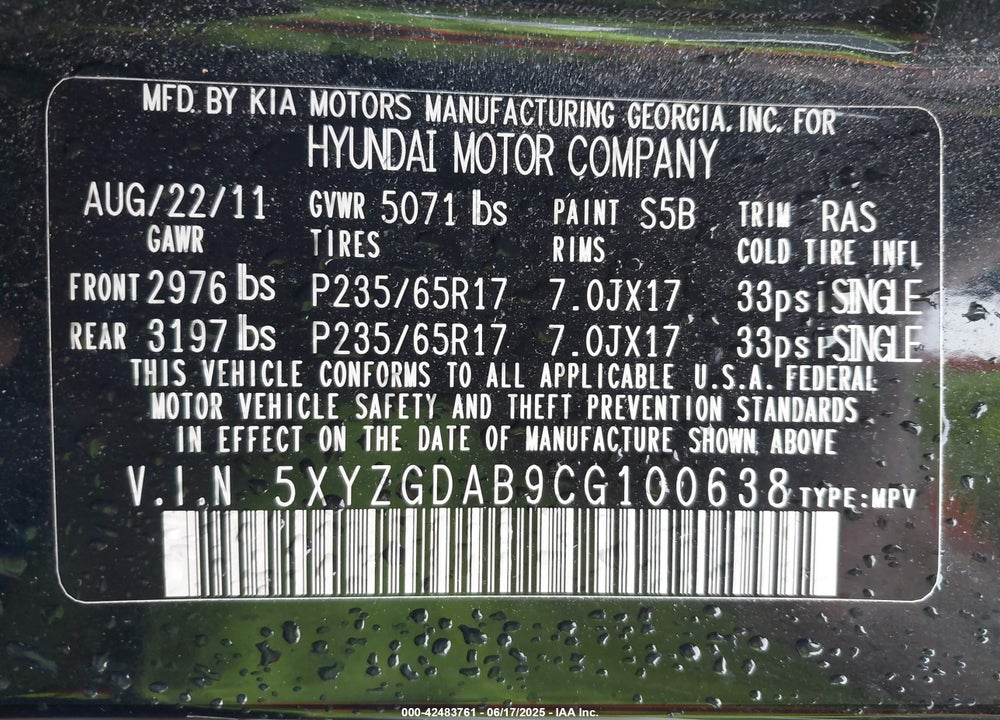 2012 HYUN SANTA FE GLS AWD VIN: 5XYZGDAB9CG100638