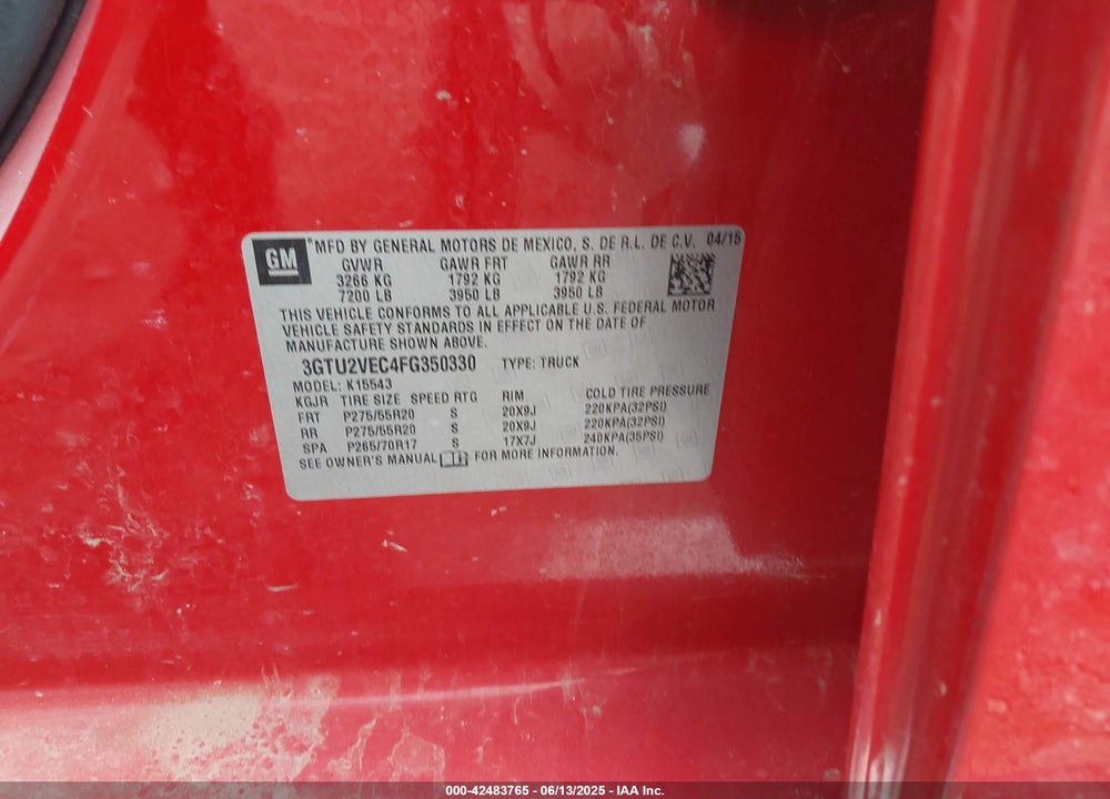 2015 GMC SIERRA 1500 VIN: 3GTU2VEC4FG350330