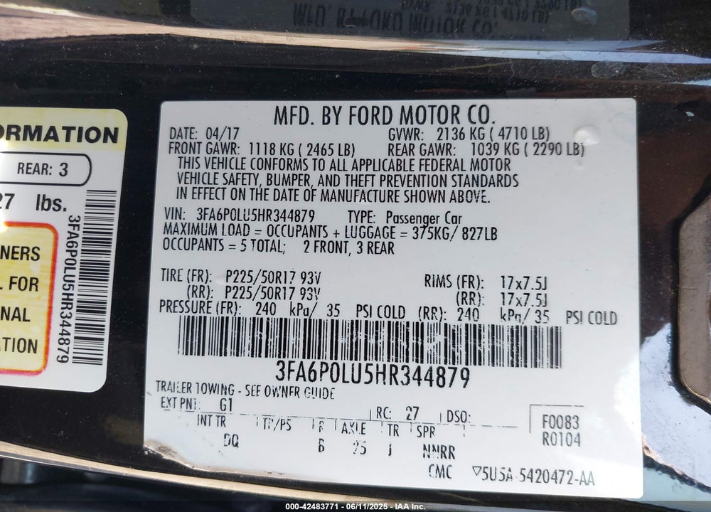 2017 FORD FUSION HYBRID VIN: 3FA6P0LU5HR344879