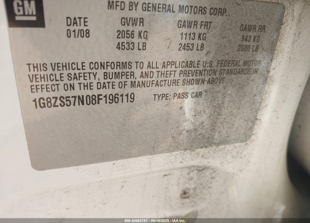 2008 SATURN AURA XE VIN: 1G8ZS57N08F196119
