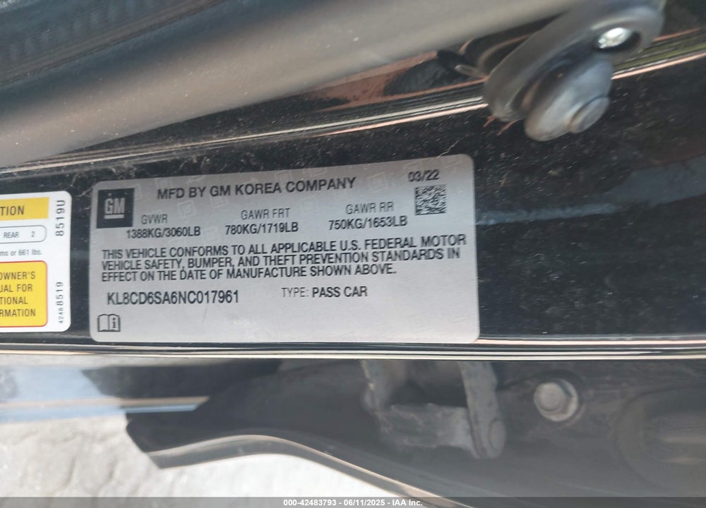 2022 CHEVROLET SPARK VIN: KL8CD6SA6NC017961