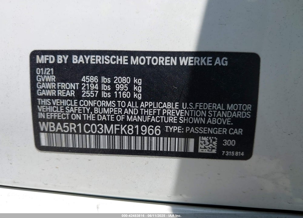 2021 BMW 3 SERIES VIN: WBA5R1C03MFK81966