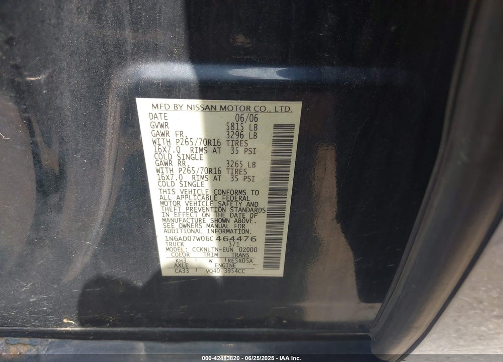 2006 NISSAN FRONTIER SE VIN: 1N6AD07W06C464476