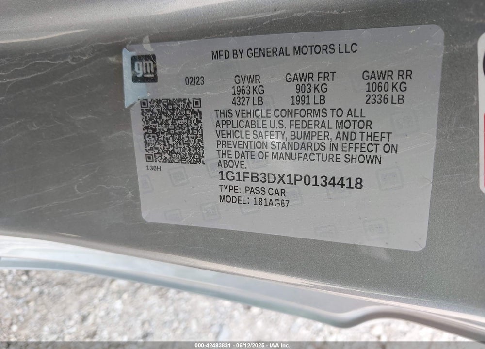 2023 CHEVROLET CAMARO RWD 1LT VIN: 1G1FB3DX1P0134418