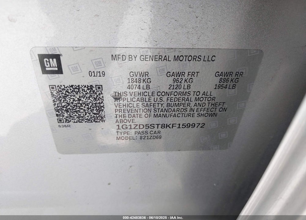 2019 CHEVROLET MALIBU VIN: 1G1ZD5ST8KF159972