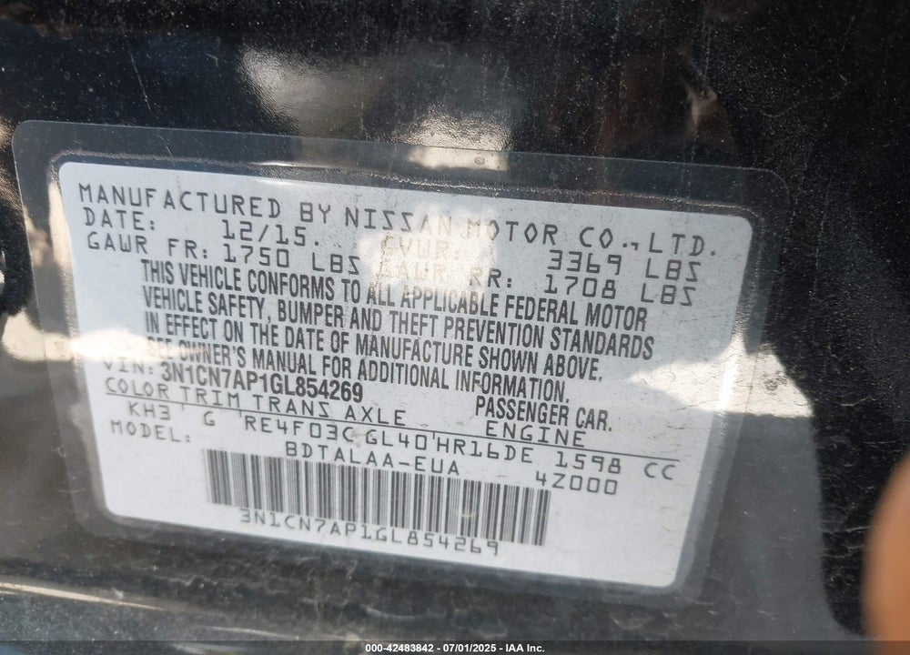 2016 NISSAN VERSA VIN: 3N1CN7AP1GL854269