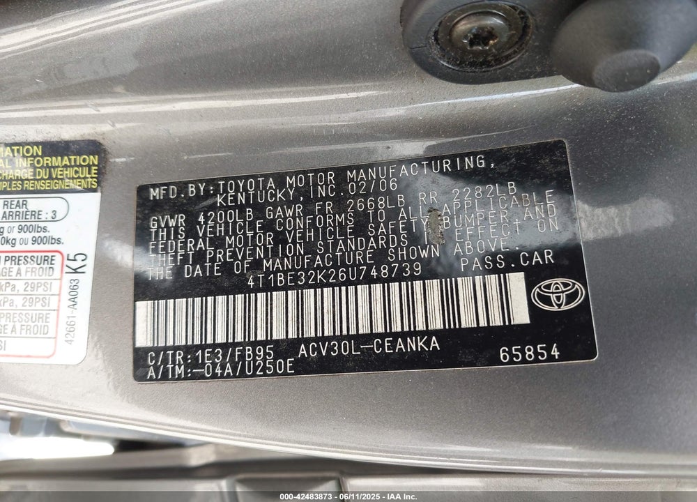 2006 TOYOTA CAMRY STD/ VIN: 4T1BE32K26U748739