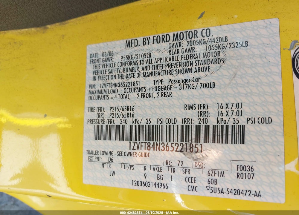 2006 FORD MUSTANG V6 VIN: 1ZVFT84N365221851
