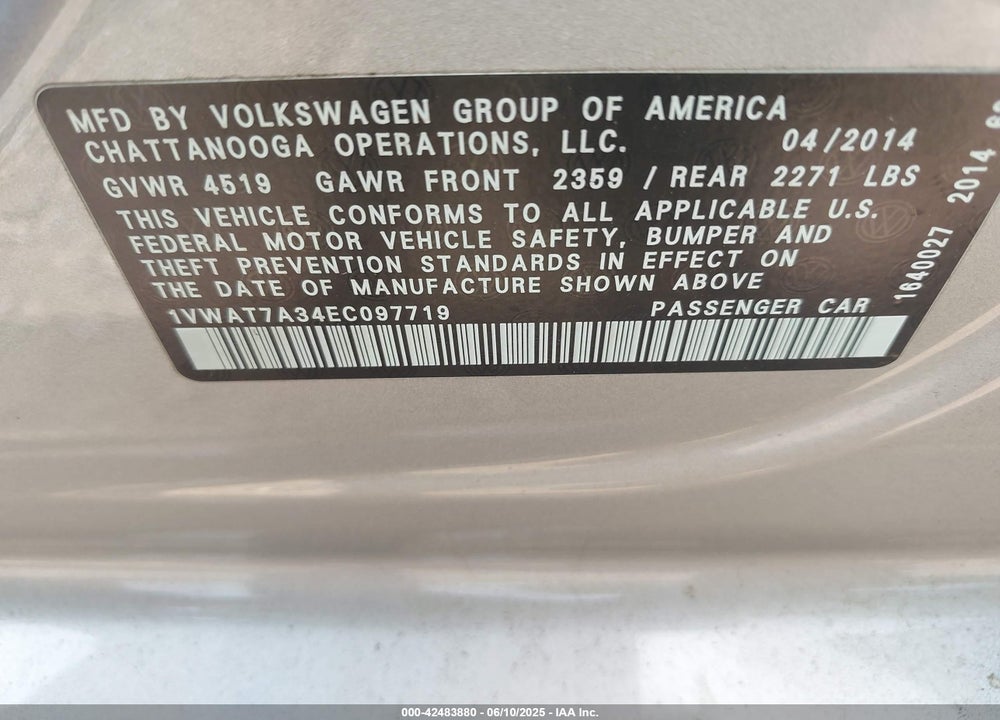 2014 VOLKSWAGEN PASSAT VIN: 1VWAT7A34EC097719