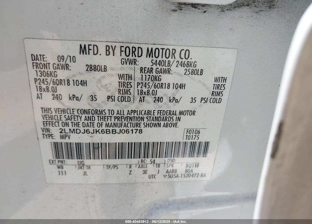 2011 LINCOLN MKX VIN: 2LMDJ6JK6BBJ06178