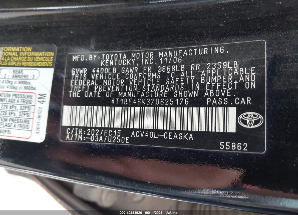 2007 TOYOTA CAMRY VIN: 4T1BE46K37U625176