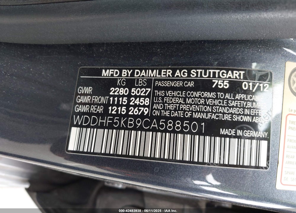 2012 MERCEDES-BENZ E 350 VIN: WDDHF5KB9CA588501