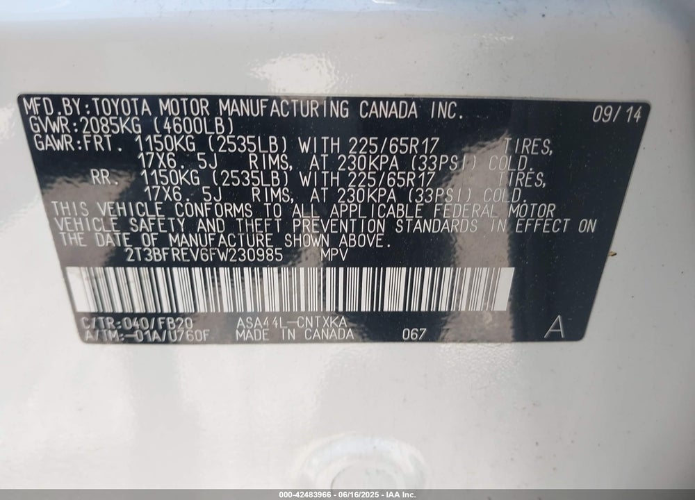 2015 TOYOTA RAV4 VIN: 2T3BFREV6FW230985
