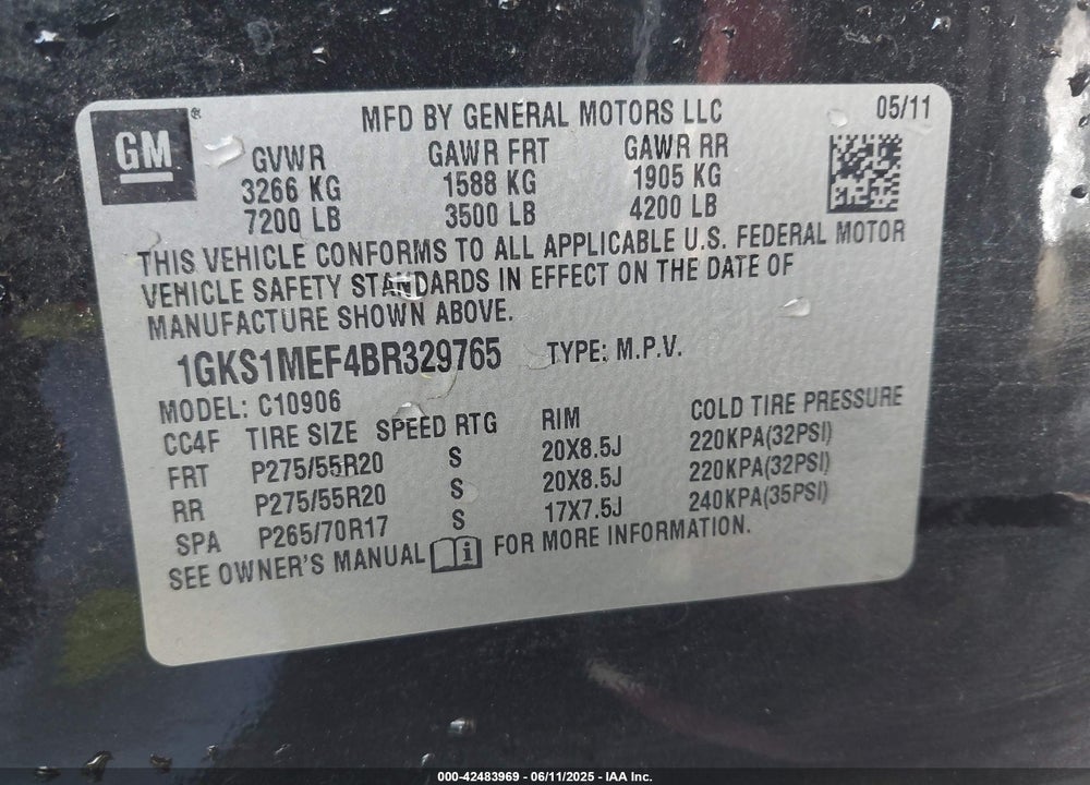 2011 GMC YUKON XL 1500 VIN: 1GKS1MEF4BR329765