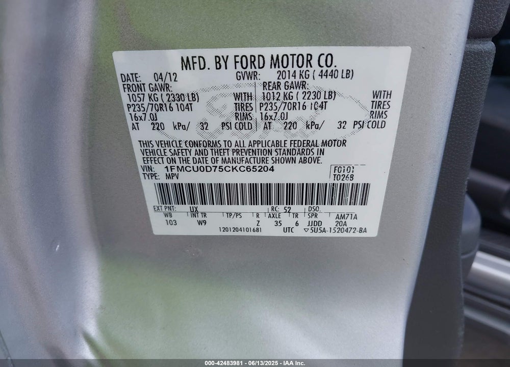 2012 FORD ESCAPE VIN: 1FMCU0D75CKC65204
