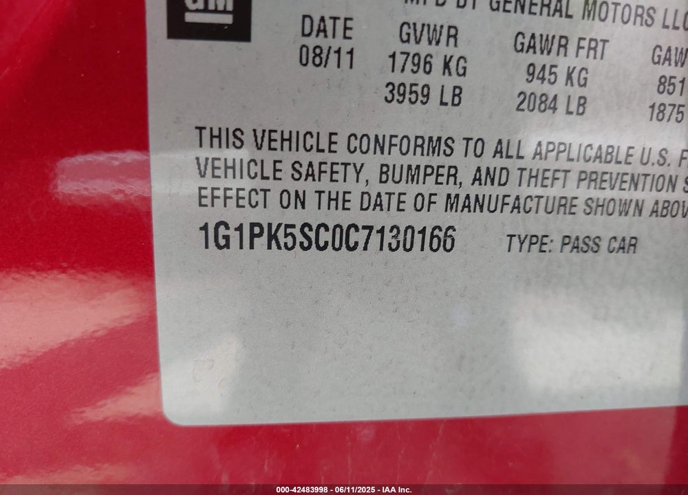2012 CHEVROLET CRUZE ECO VIN: 1G1PK5SC0C7130166