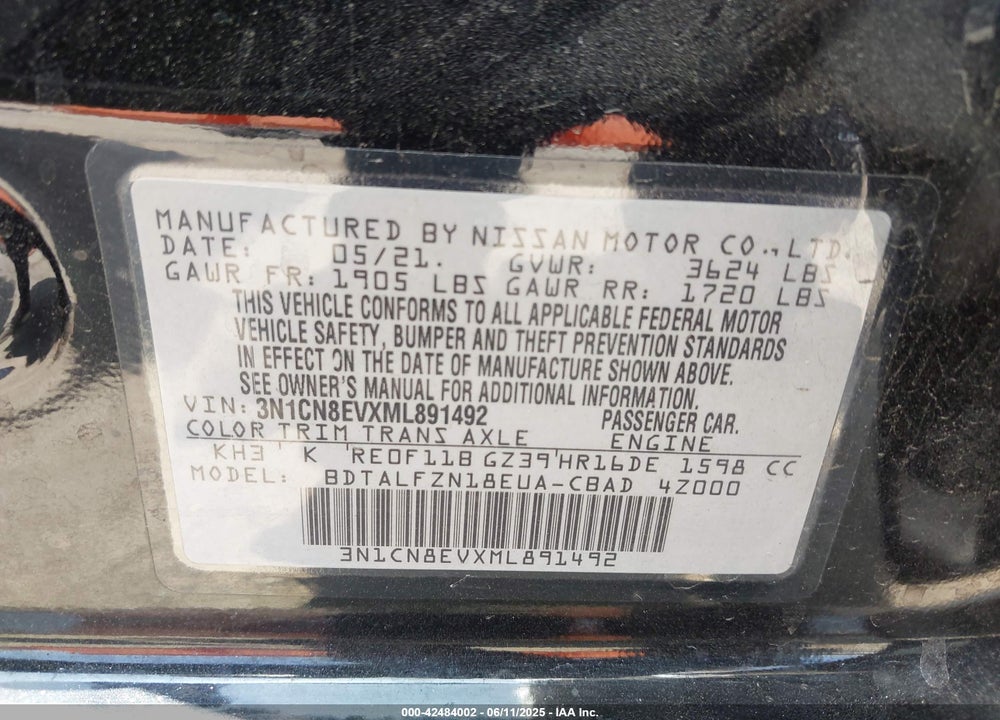 2021 NISSAN VERSA VIN: 3N1CN8EVXML891492