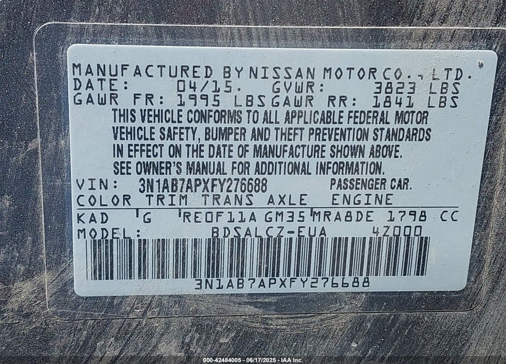 2015 NISSAN SENTRA VIN: 3N1AB7APXFY276688