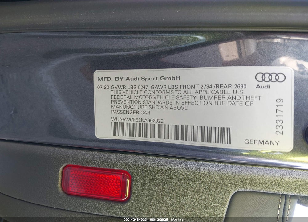 2022 AUDI RS 5 SPORTBACK TFSI QUATTRO TIPTRONIC VIN: WUAAWCF52NA902922