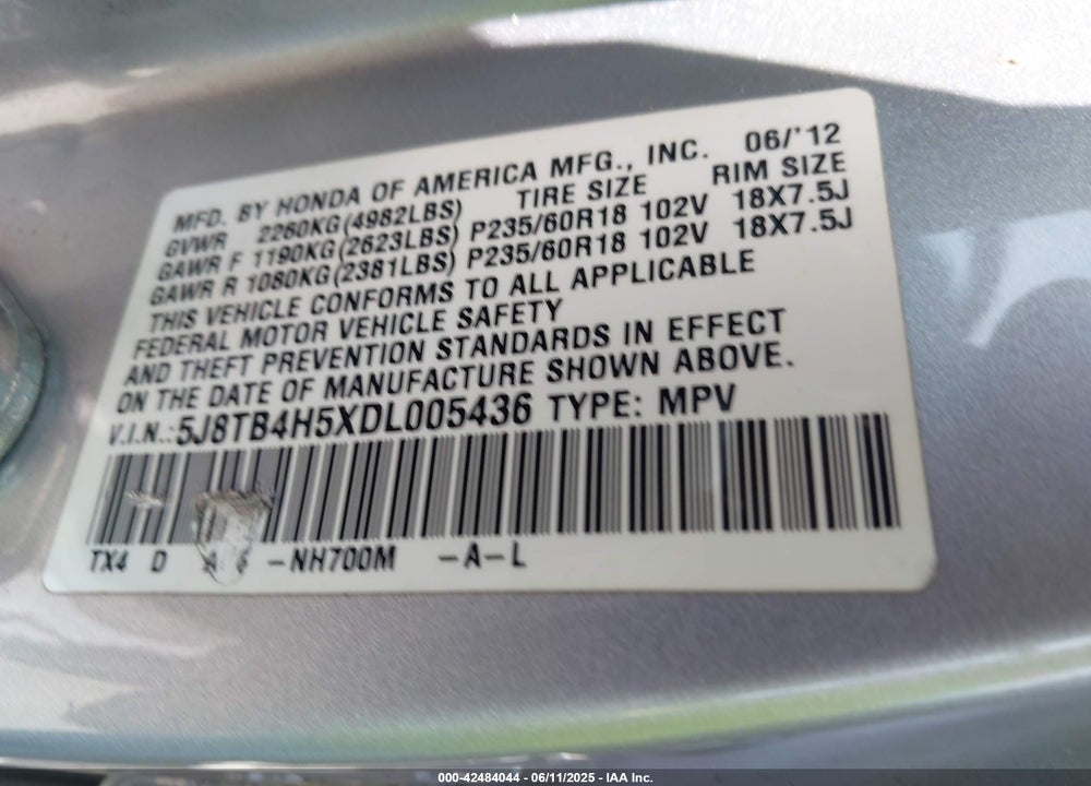 2013 ACURA RDX VIN: 5J8TB4H5XDL005436