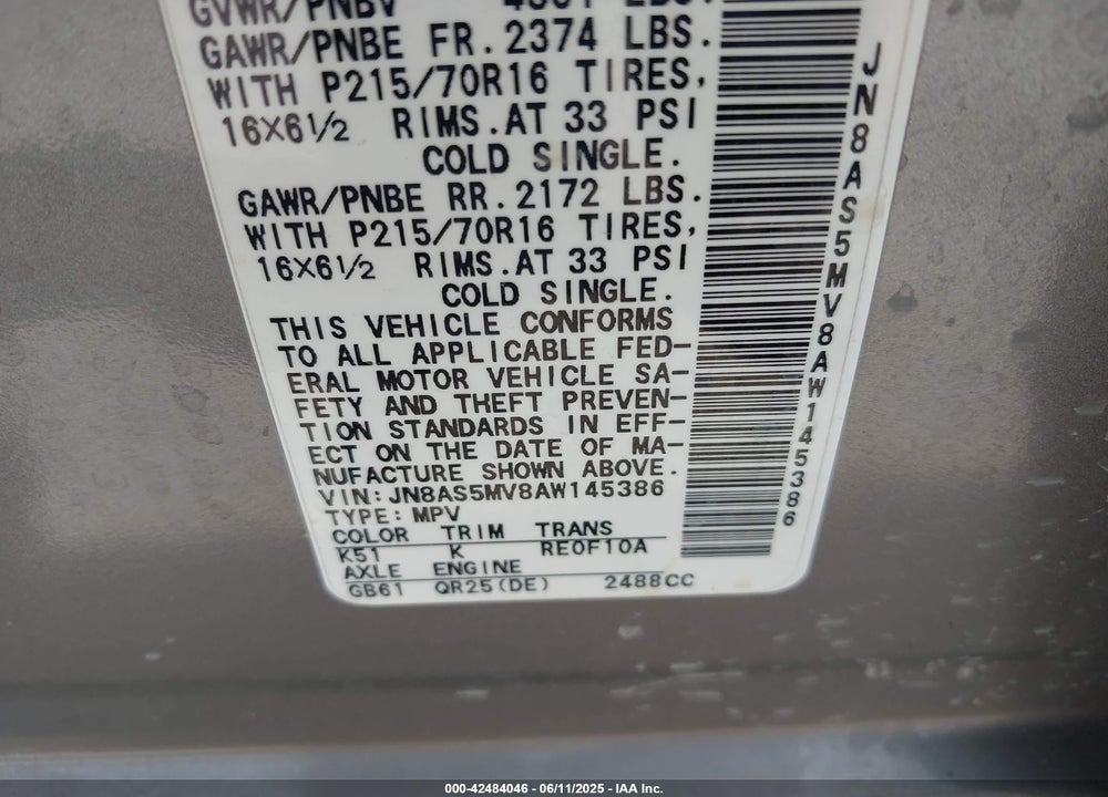 2010 NISSAN ROGUE VIN: JN8AS5MV8AW145386