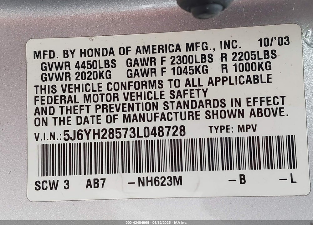 2003 HONDA ELEMENT EX VIN: 5J6YH28573L048728
