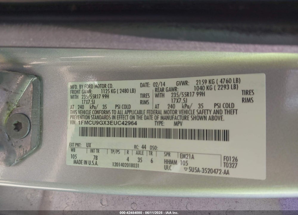 2014 FORD ESCAPE VIN: 1FMCU9GX3EUC42964