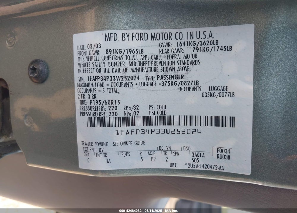 2003 FORD FOCUS SE VIN: 1FAFP34P33W252024