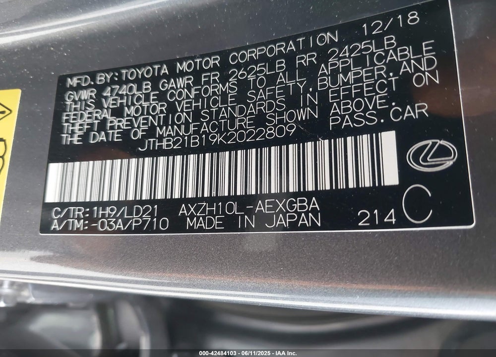 2019 LEXUS ES300H VIN: JTHB21B19K2022809