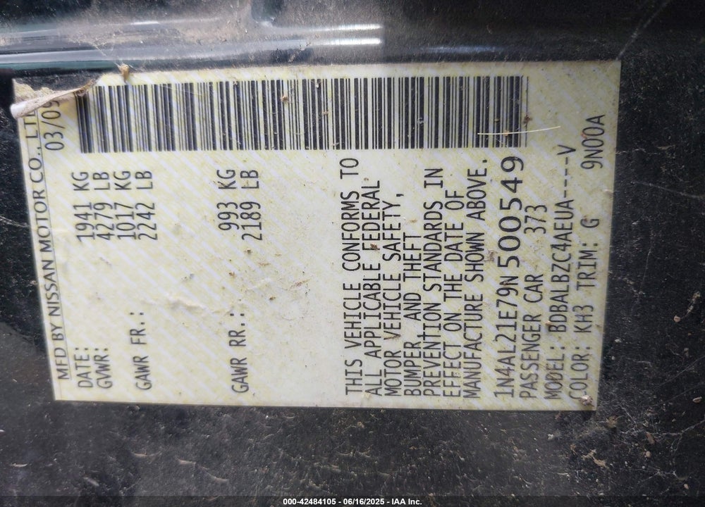 2009 NISSAN ALTIMA 2.5 S VIN: 1N4AL21E79N500549