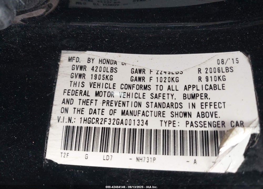 2016 HONDA ACCORD LX VIN: 1HGCR2F32GA001334