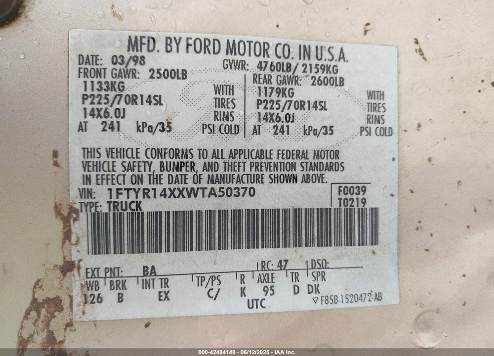 1998 FORD RANGER SPLASH/XL/XLT VIN: 1FTYR14XXWTA50370