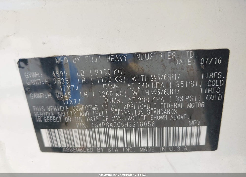 2017 SUBARU OUTBACK VIN: 4S4BSACC6H3218058