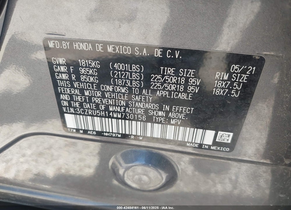 2021 HONDA HR-V 2WD SPORT VIN: 3CZRU5H14MM730156