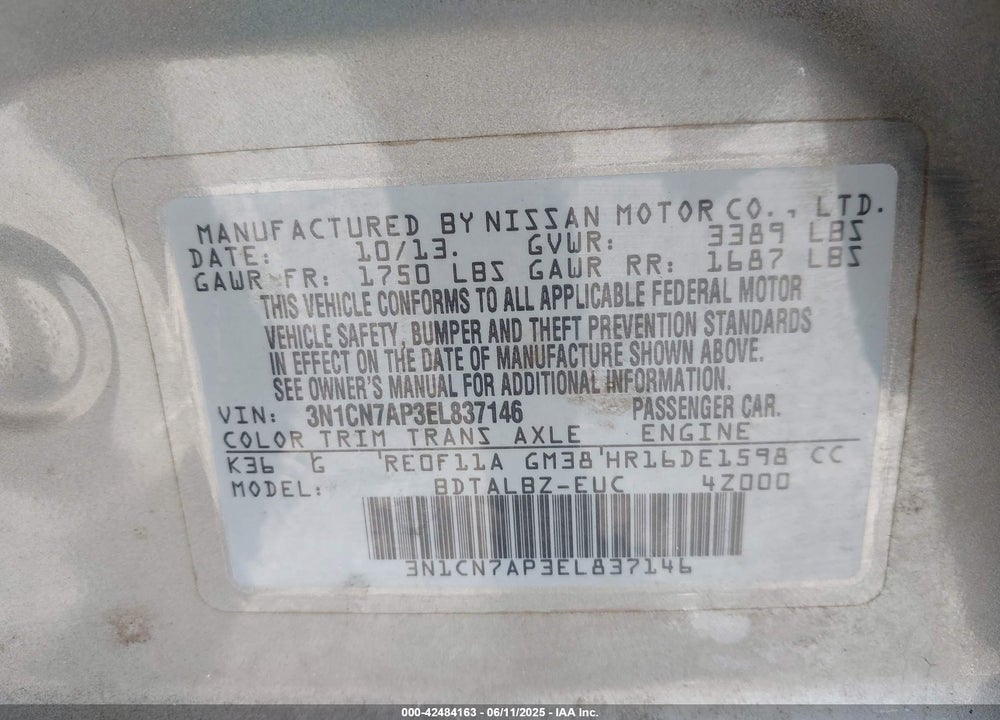 2014 NISSAN VERSA VIN: 3N1CN7AP3EL837146