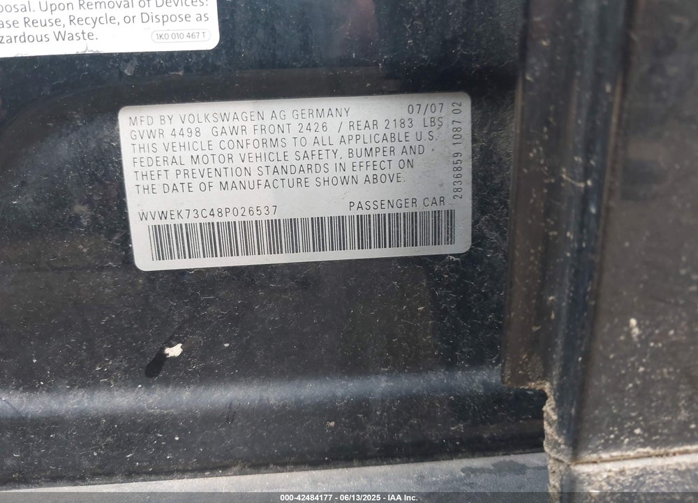 2008 VOLKSWAGEN PASSAT VIN: WVWEK73C48P026537