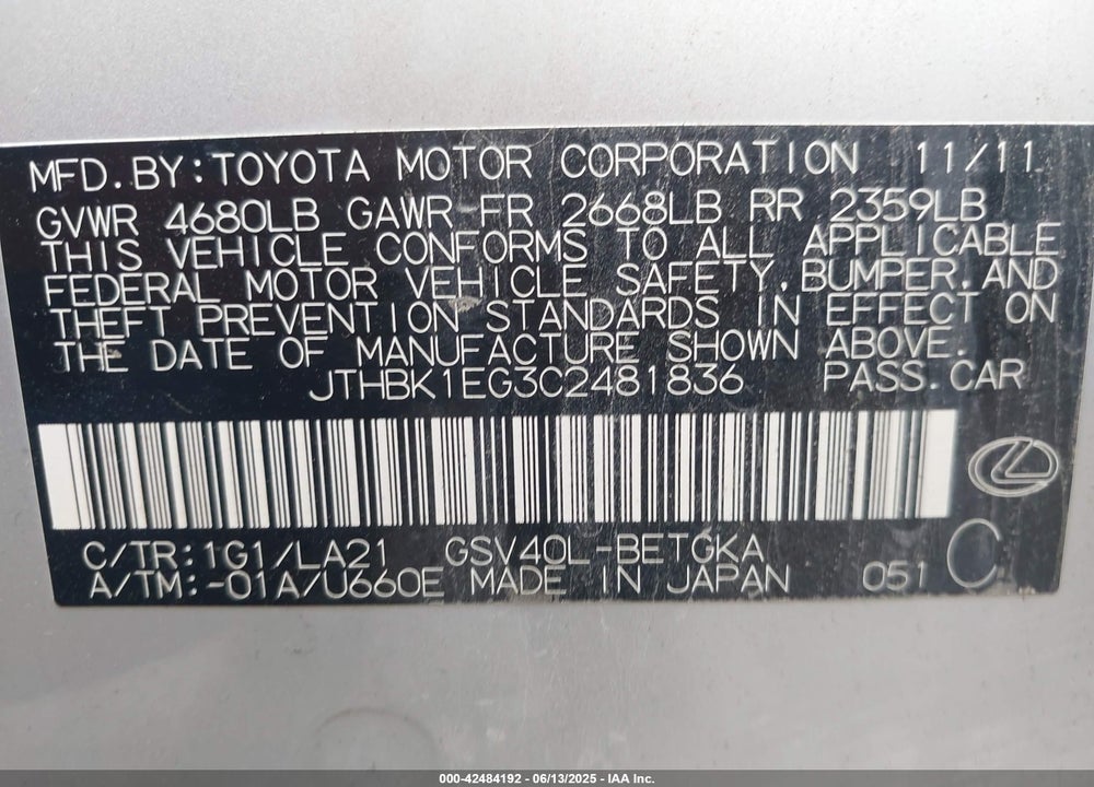 2012 LEXUS ES350 VIN: JTHBK1EG3C2481836