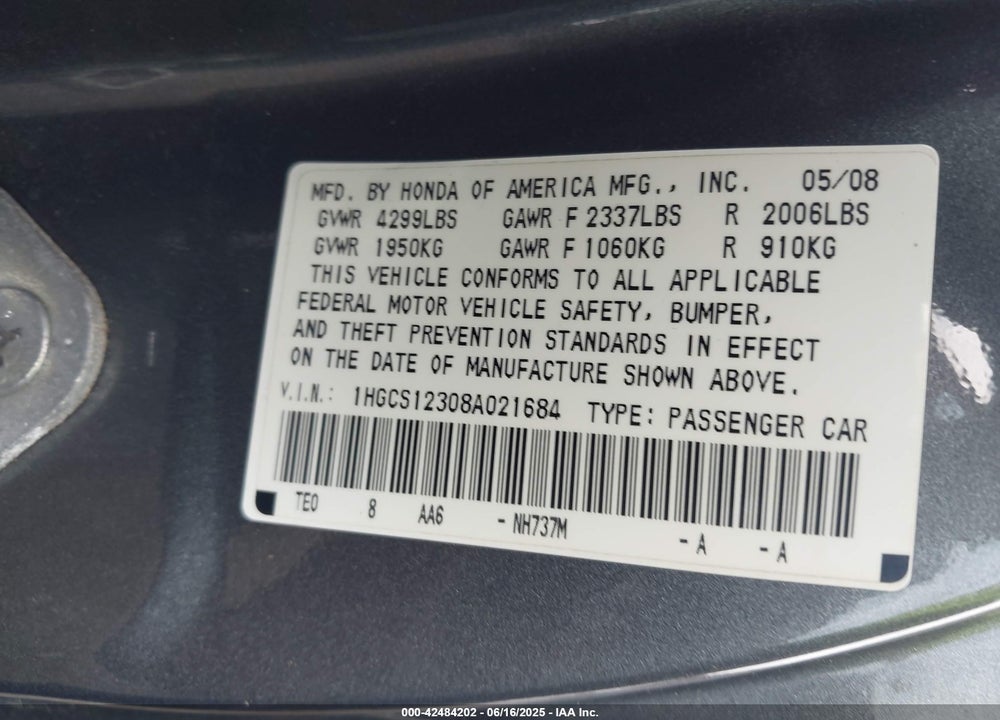 2008 HONDA ACCORD 2.4 LX-S VIN: 1HGCS12308A021684