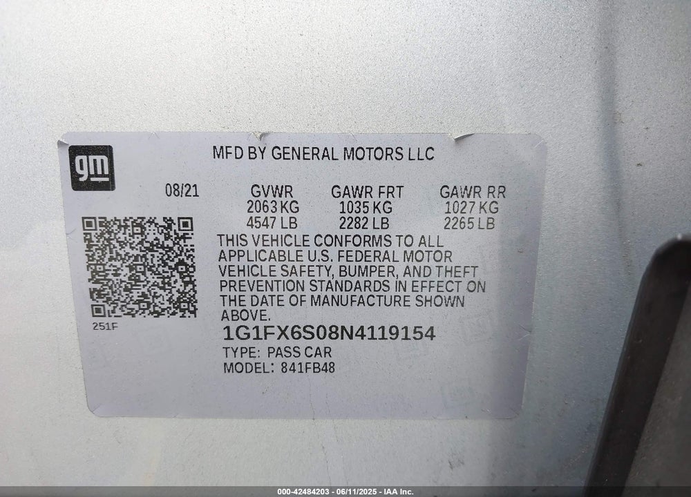 2022 CHEVROLET BOLT EV VIN: 1G1FX6S08N4119154