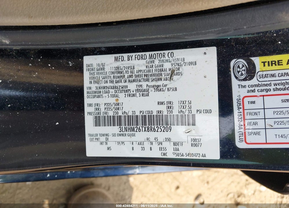 2008 LINCOLN MKZ VIN: 3LNHM26TX8R625209