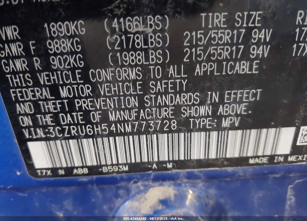 2022 HONDA HR-V VIN: 3CZRU6H54NM773728