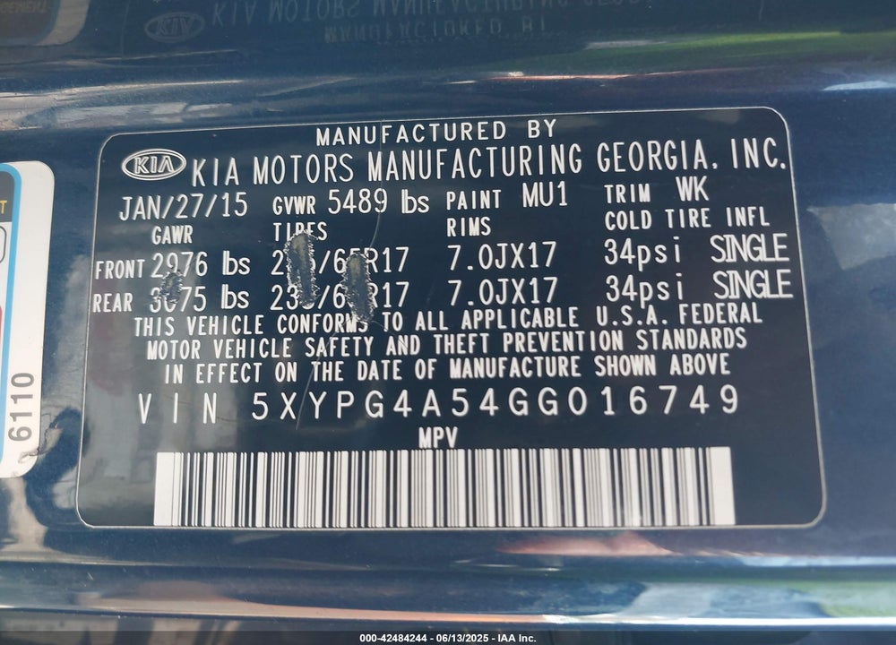 2016 KIA SORENTO VIN: 5XYPG4A54GG016749