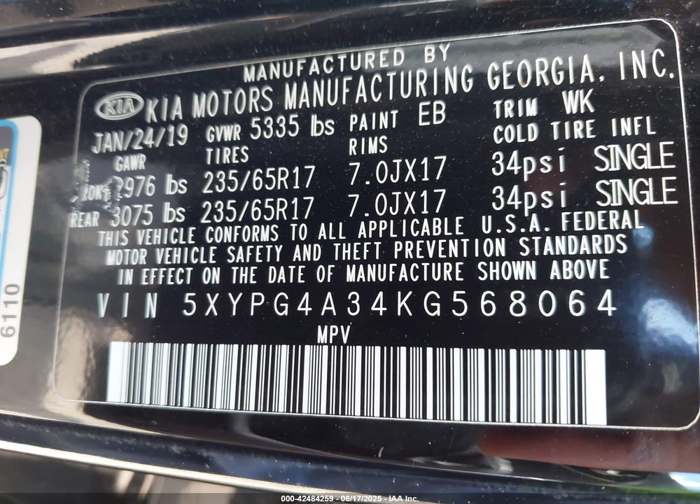 2019 KIA SORENTO VIN: 5XYPG4A34KG568064